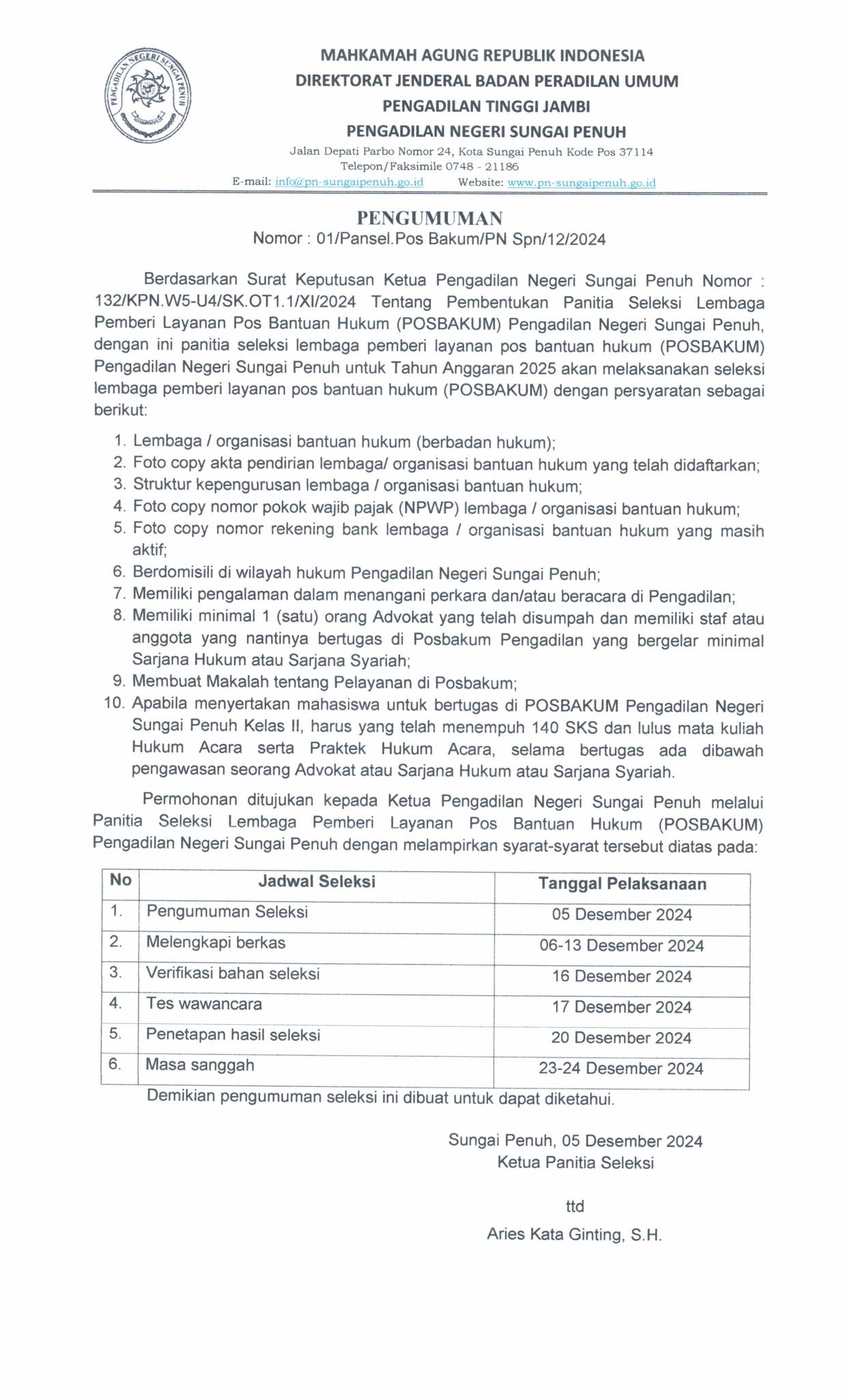 Penerimaan Calon Posbakum Tahun 2025